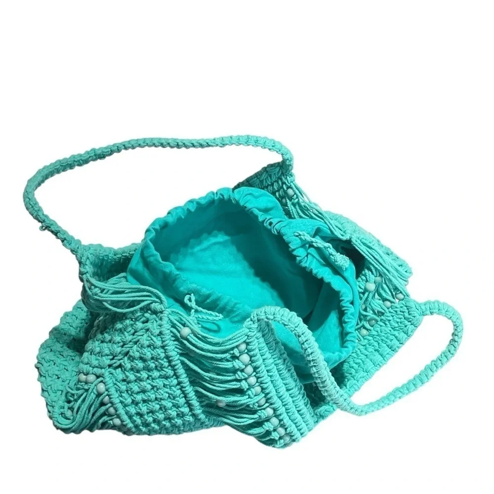 Macrame Shoulder Bag Aqua Beaded Boho Hippie Summer made in India